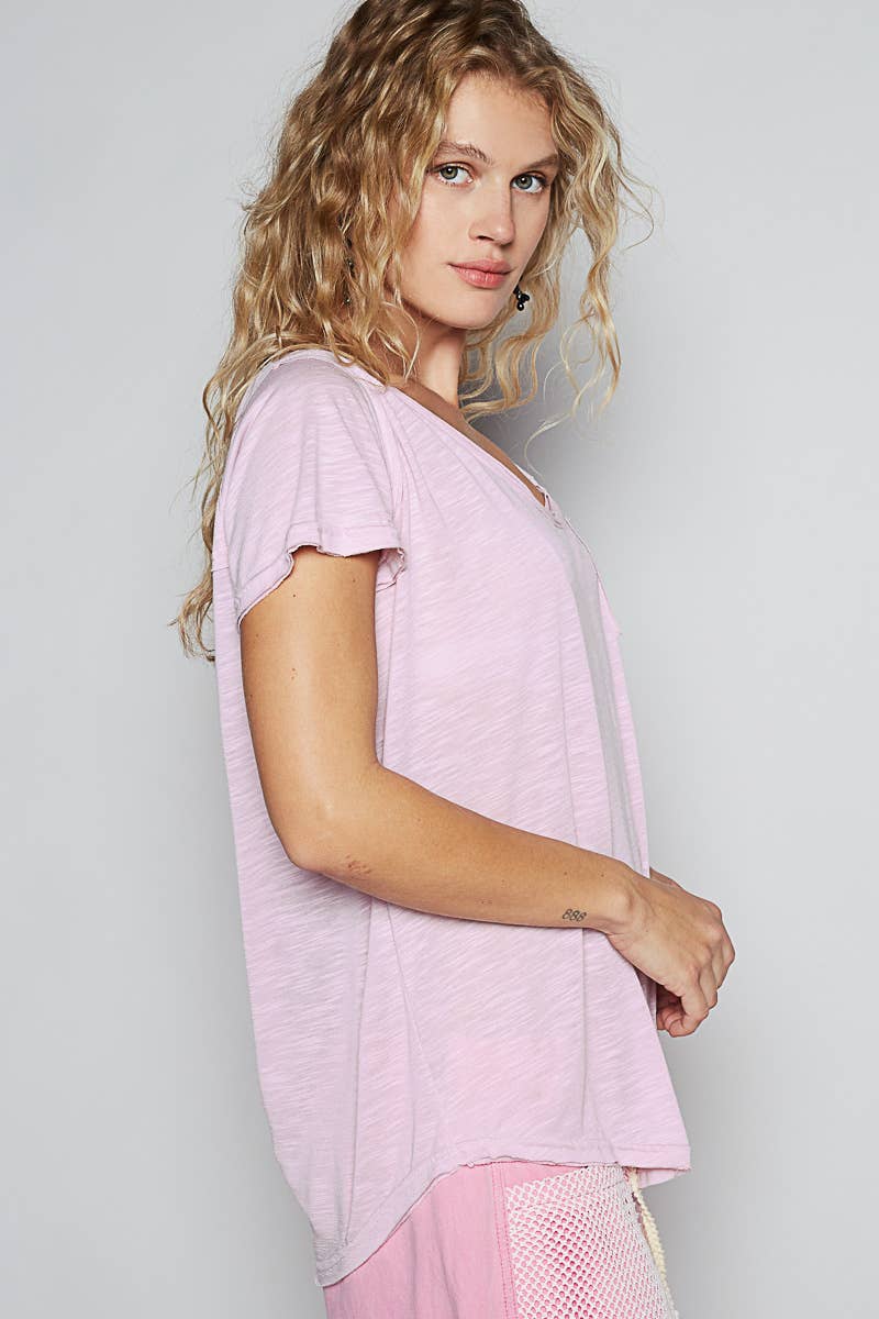 POL Scoop Neck Rayon Slub Tee with Pocket Front and Short Sleeve