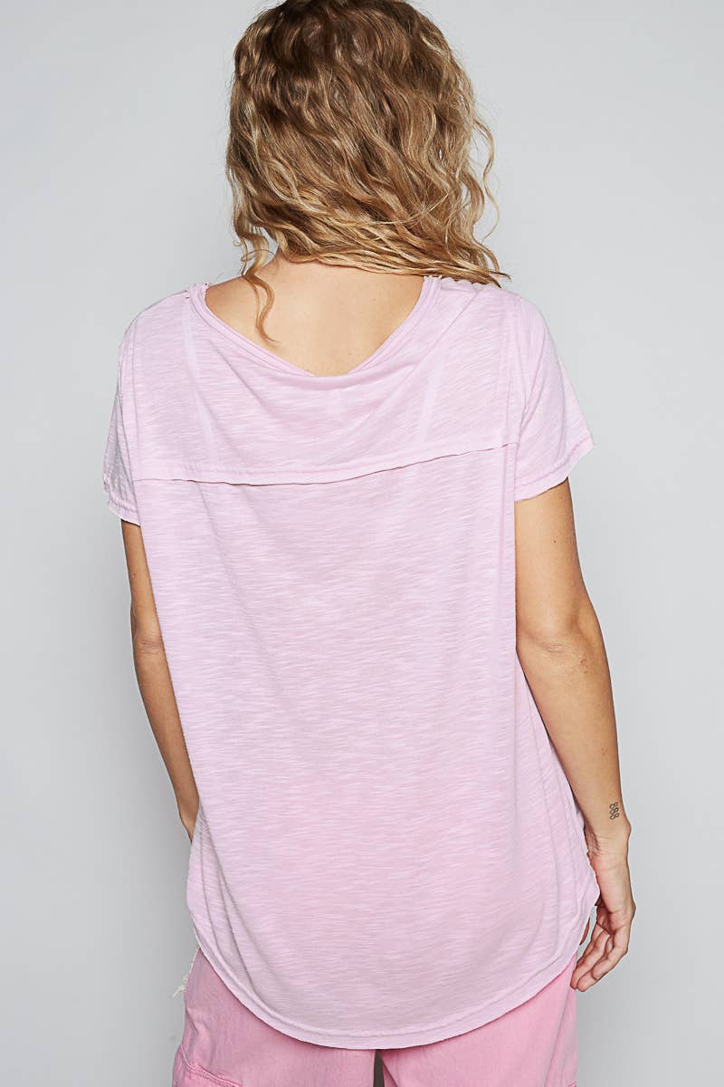 POL Scoop Neck Rayon Slub Tee with Pocket Front and Short Sleeve