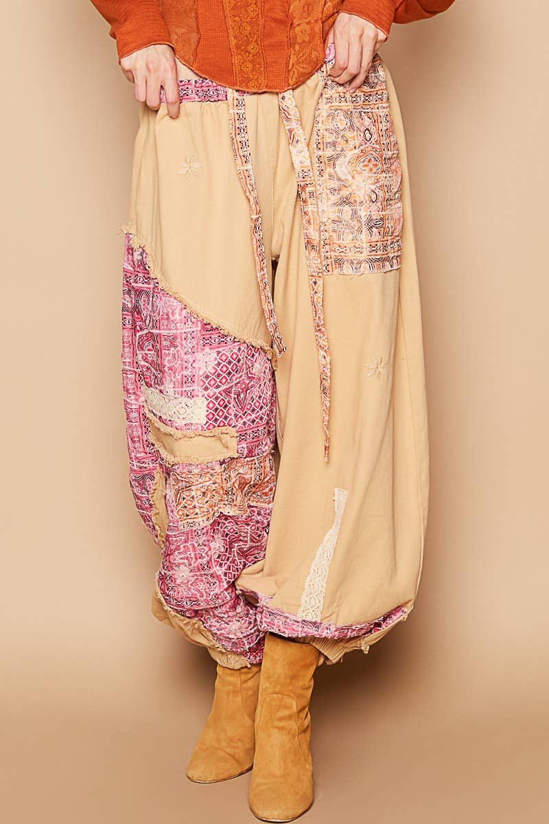 POL Floral print patchwork twill joger pants