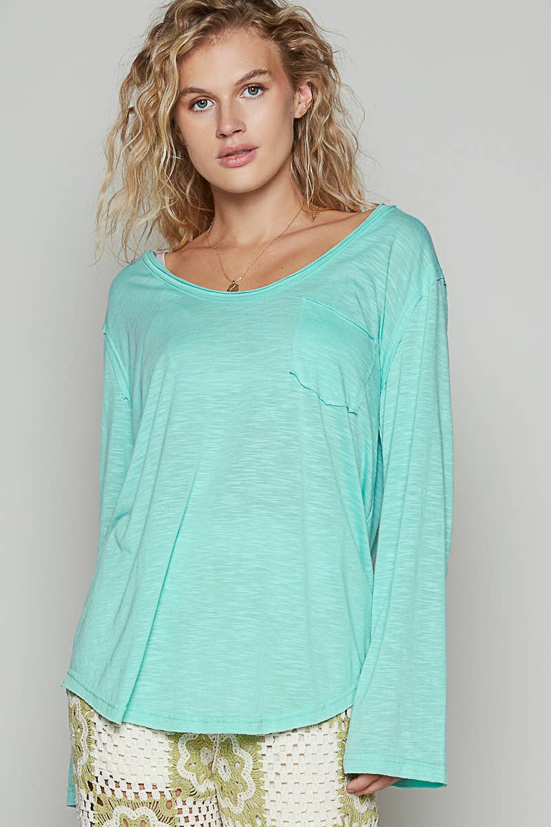 Pocket front long sleeve boat neck slub knit tee SALE