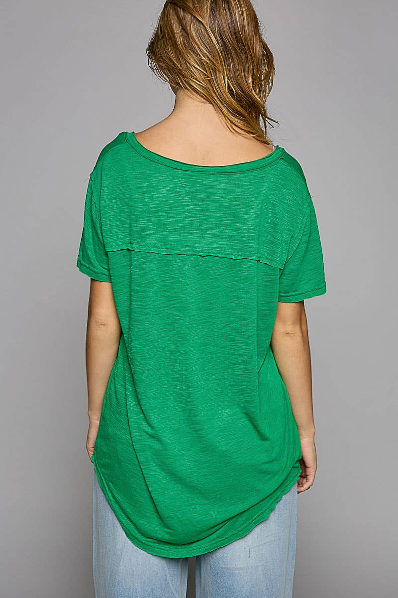 POL Scoop Neck Rayon Slub Tee with Pocket Front and Short Sleeve