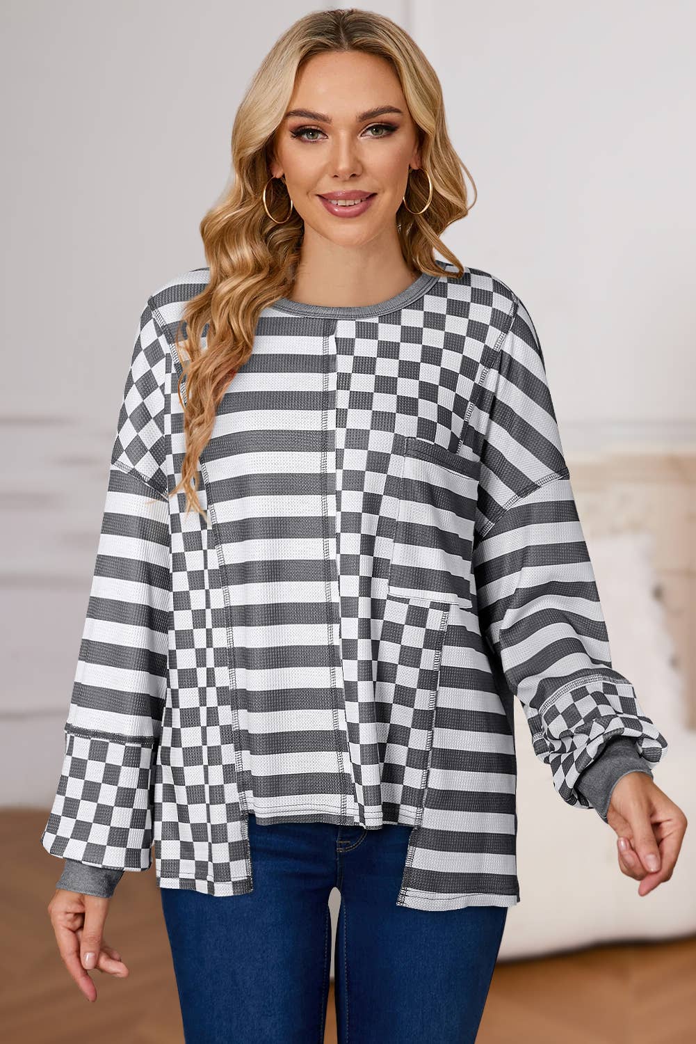 Checkered Striped Puff Long Sleeve Top