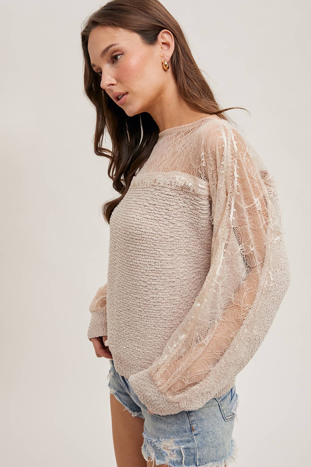 BOAT NECK LACE TRIMMED KNIT SWEATER