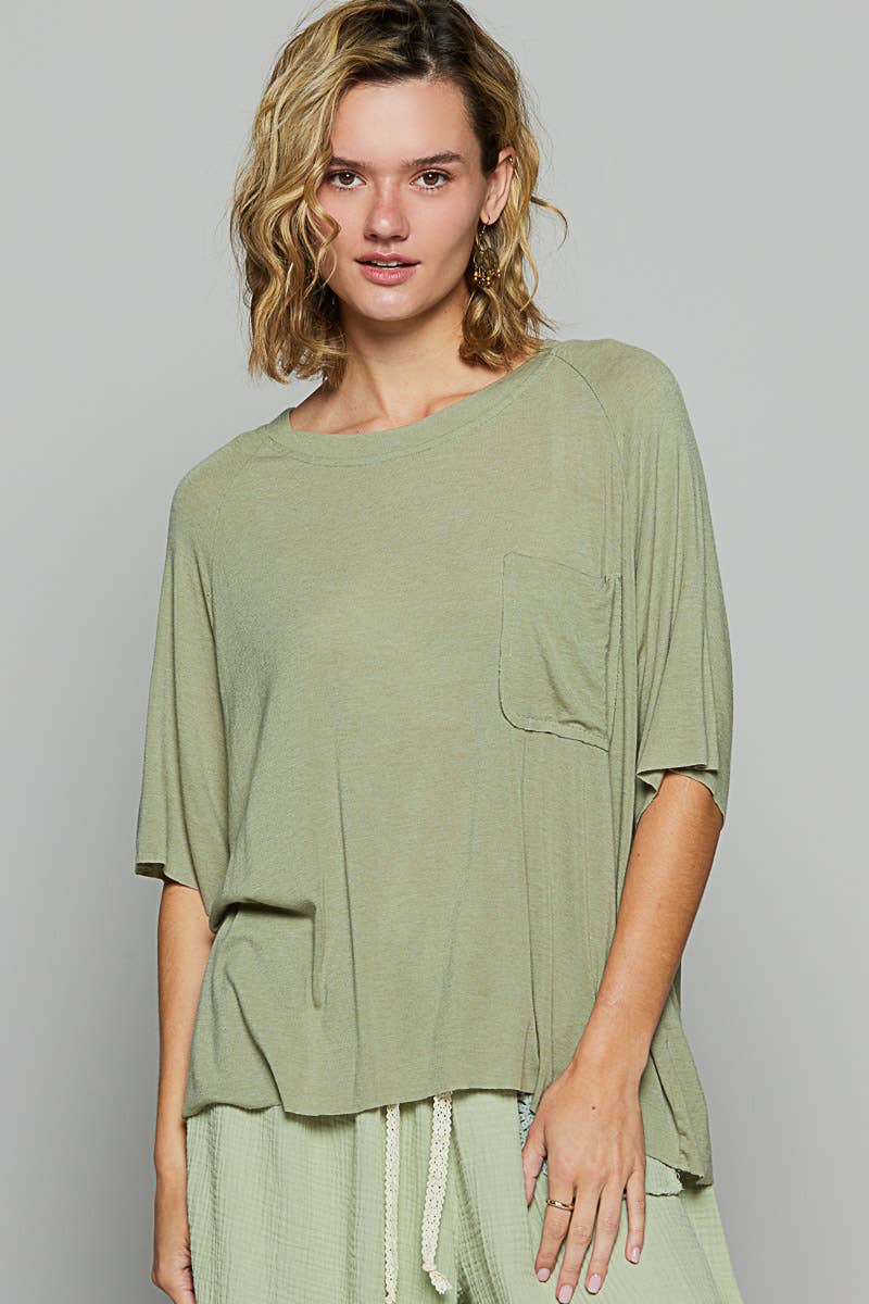 Vintage washed short sleeve front pocket solid top