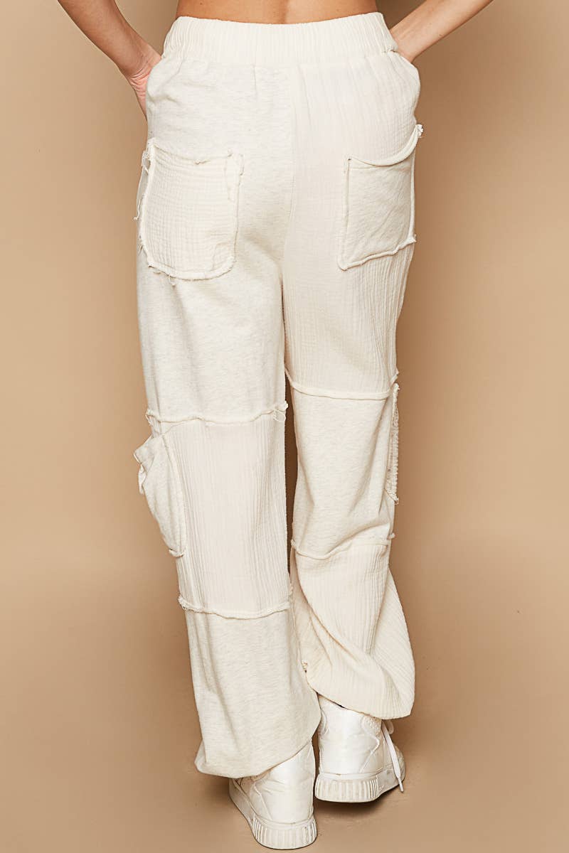 Contrast gauze open cargo pockets elastic waist joggers
