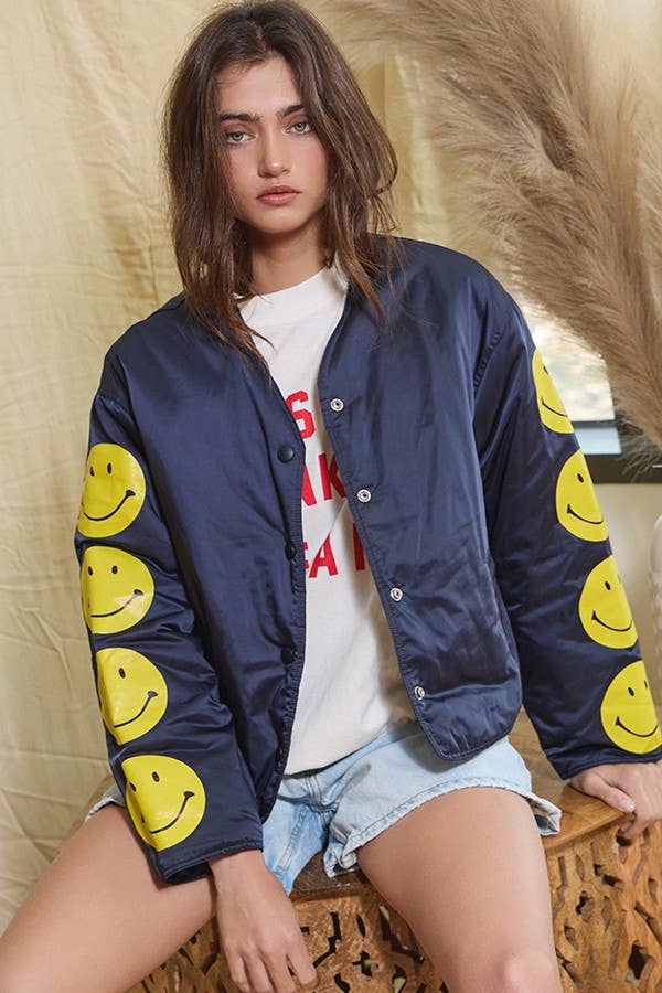 IJ3134 Puffer Jacket With Smiley Face Sleeve Details