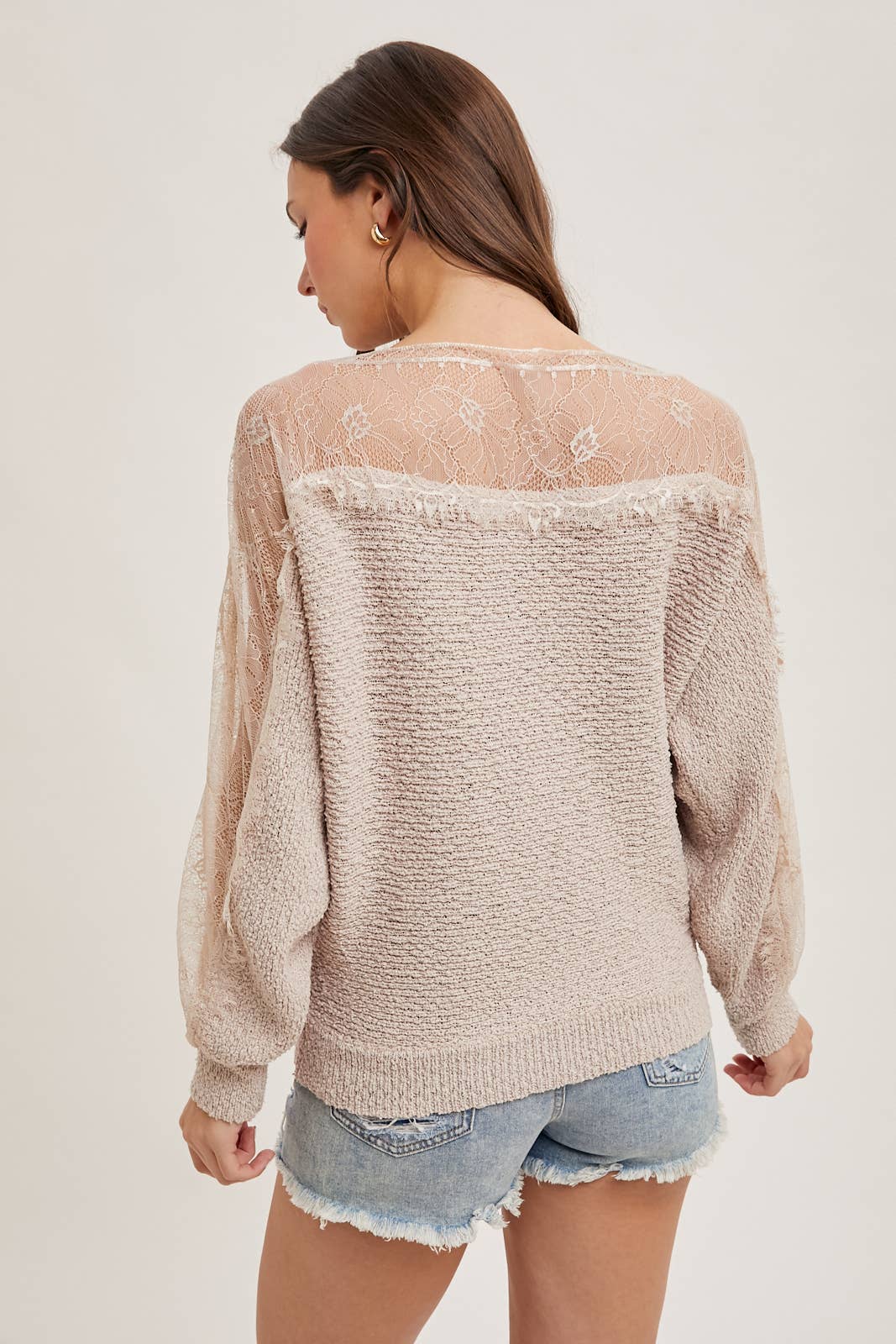 BOAT NECK LACE TRIMMED KNIT SWEATER