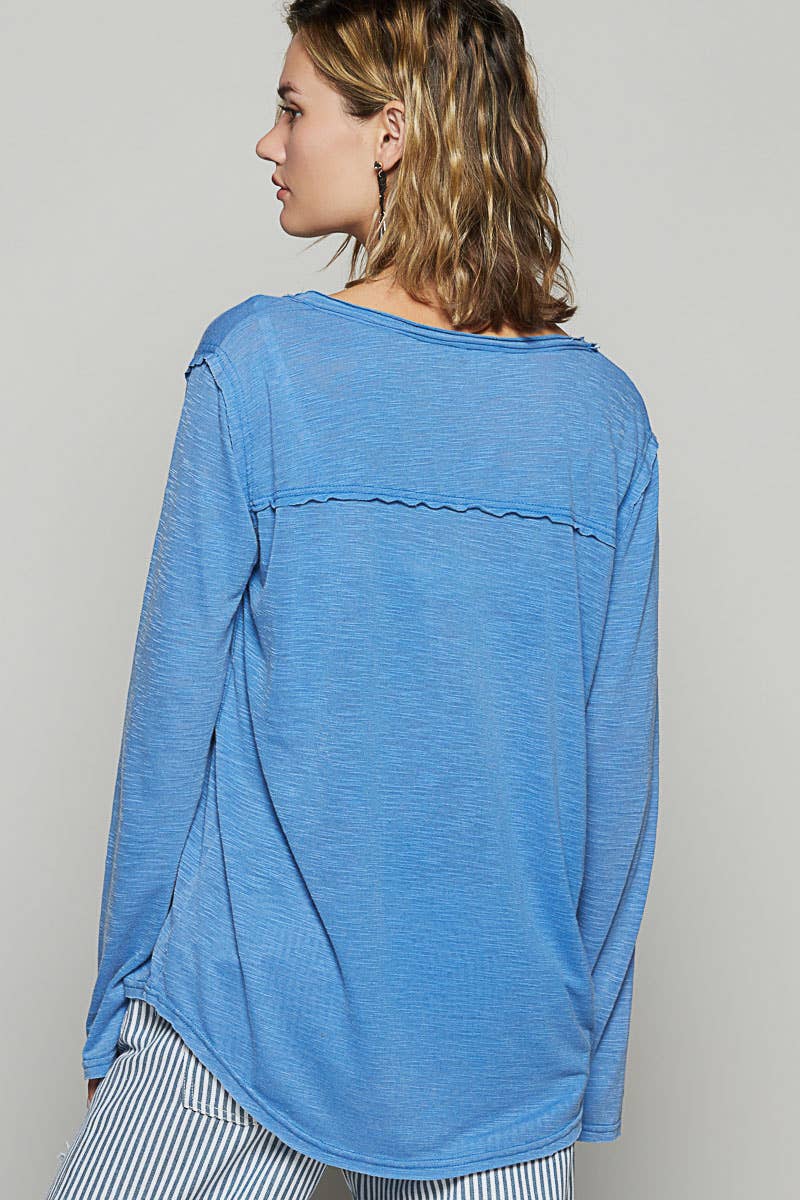 Pocket front long sleeve boat neck slub knit tee SALE