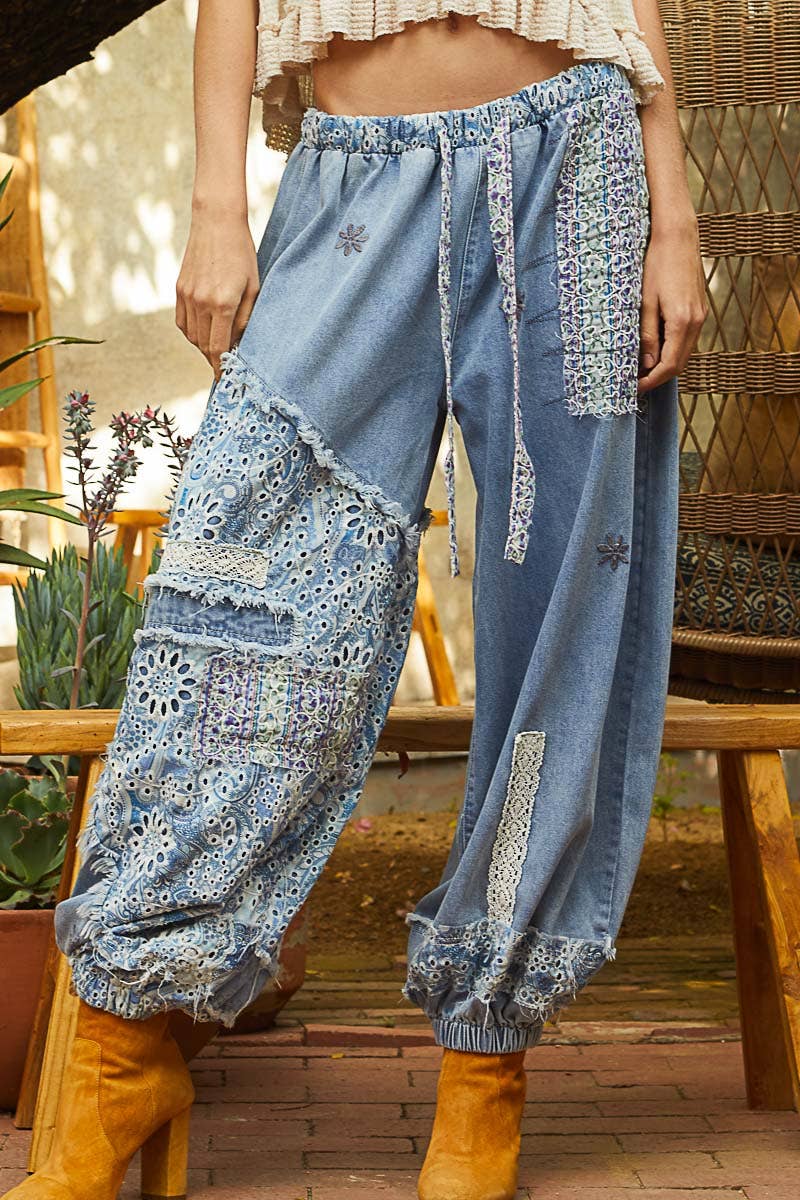 POL Floral print patchwork twill joger pants