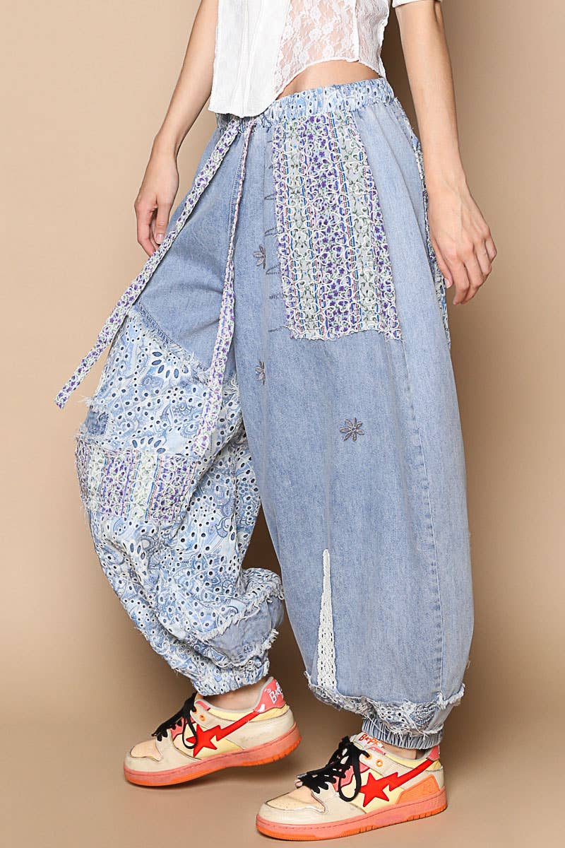 POL Floral print patchwork twill joger pants