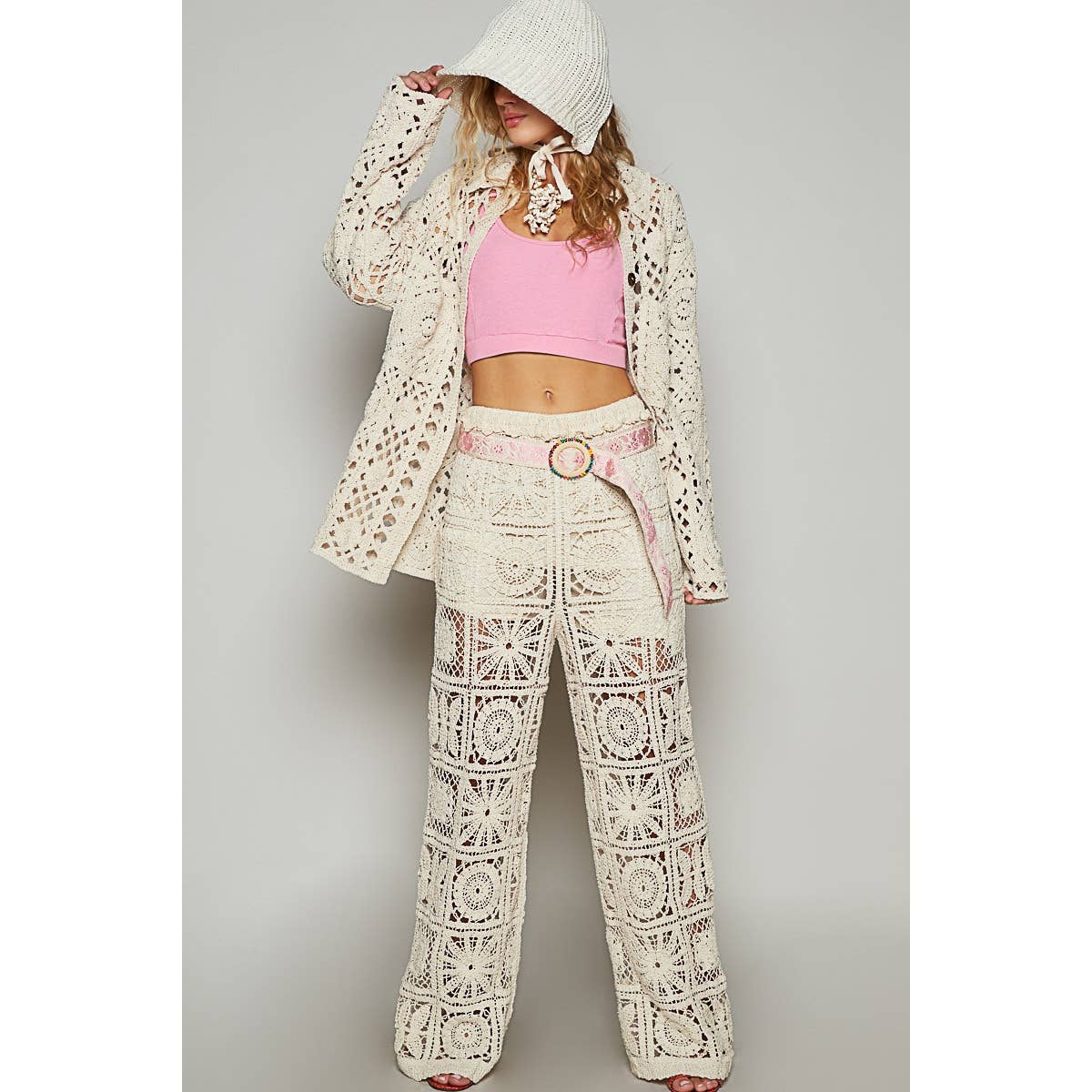 POL Oversize solid crochet button down shirt