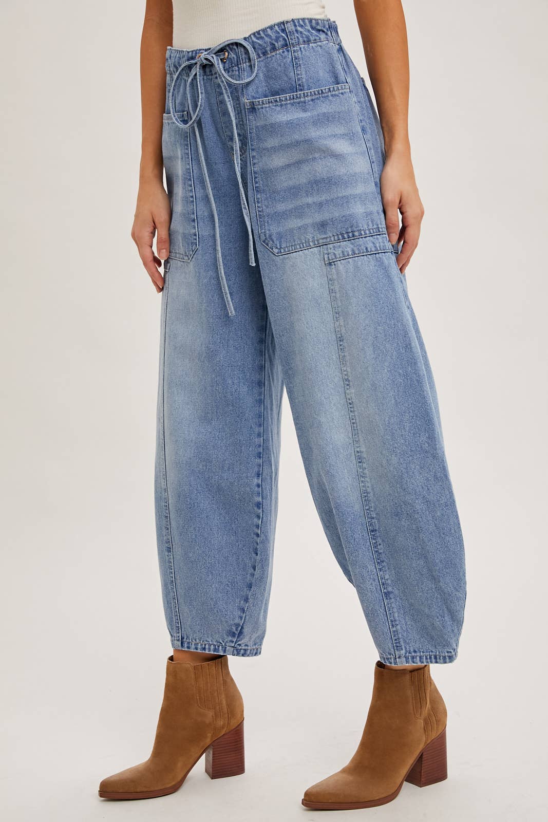 Bluivy DENIM MID-WAIST DRAWSTRINGS BARREL JEANS