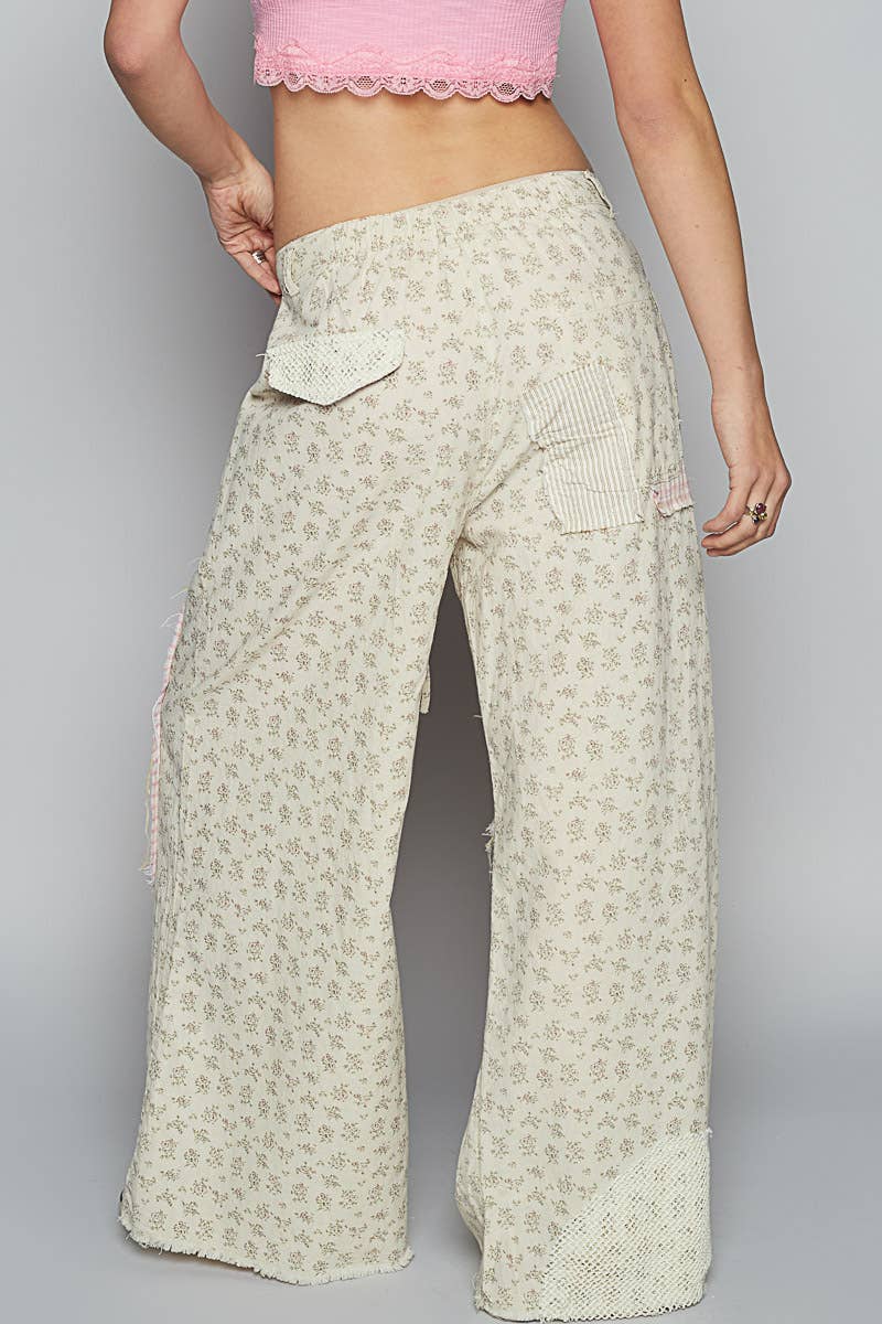 POL Contrast floral twill front snap-button pants