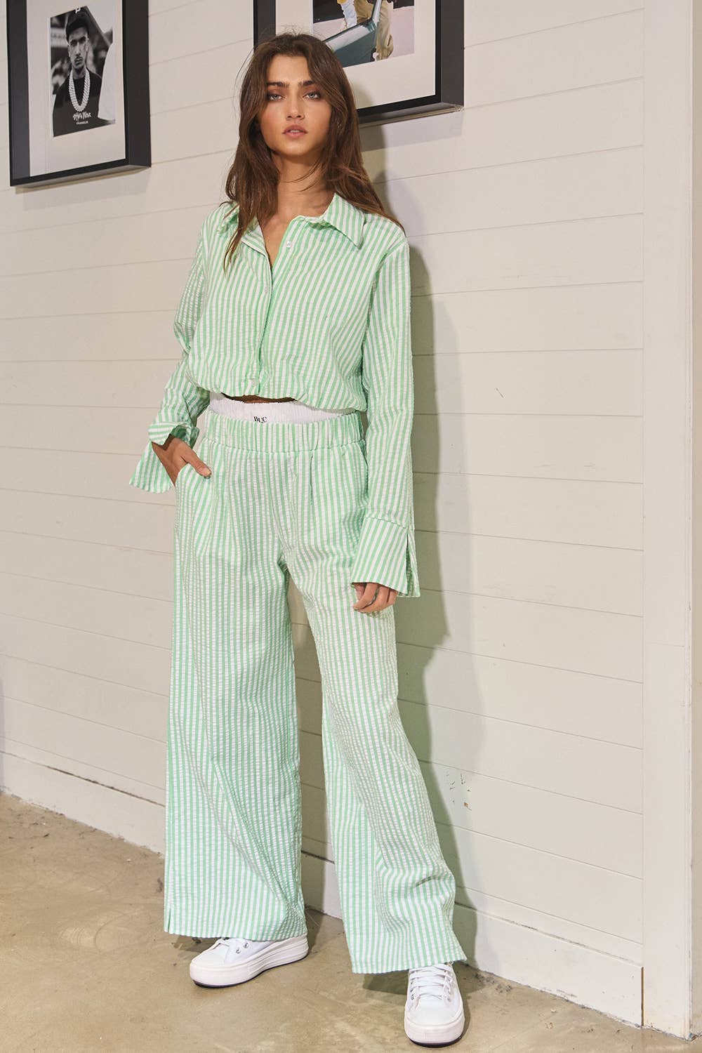 Striped Seersucker Double Banded Exposed Boxer Pants