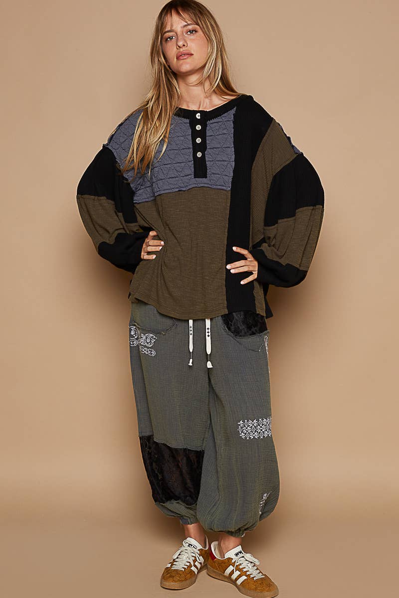 Round Neck Balloon Sleeve Thermal Contrast Knit Top