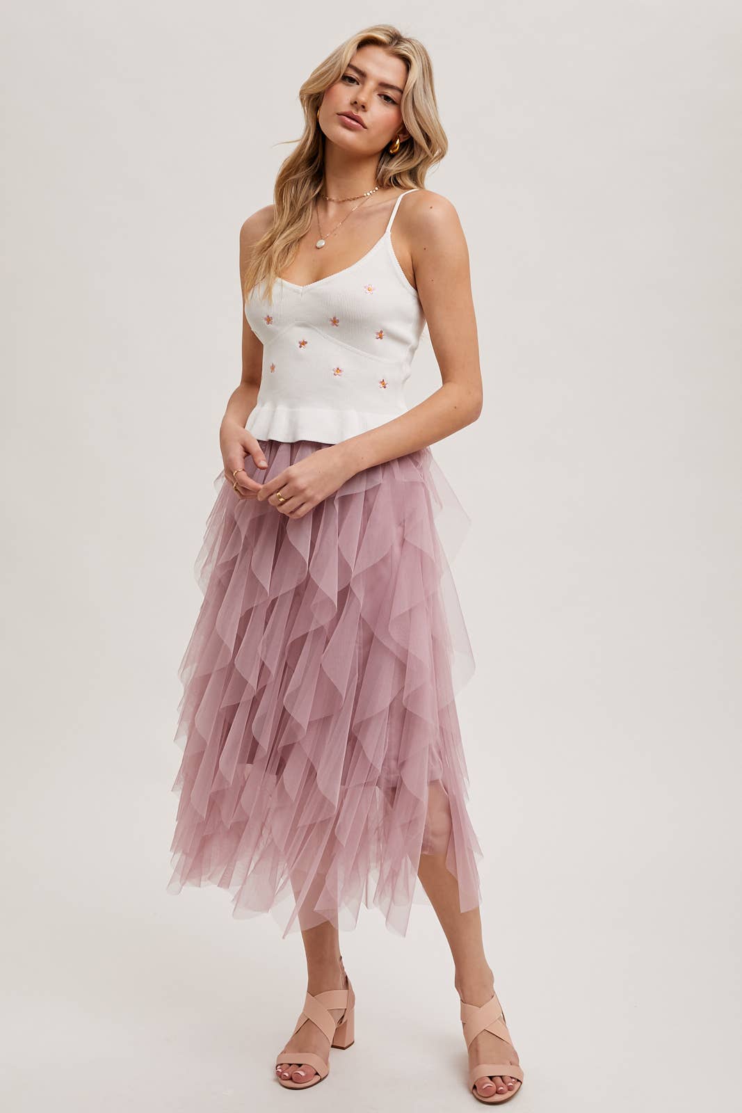 BluIvy SPIRIAL RUFFLED TULLE MIDI SKIRT
