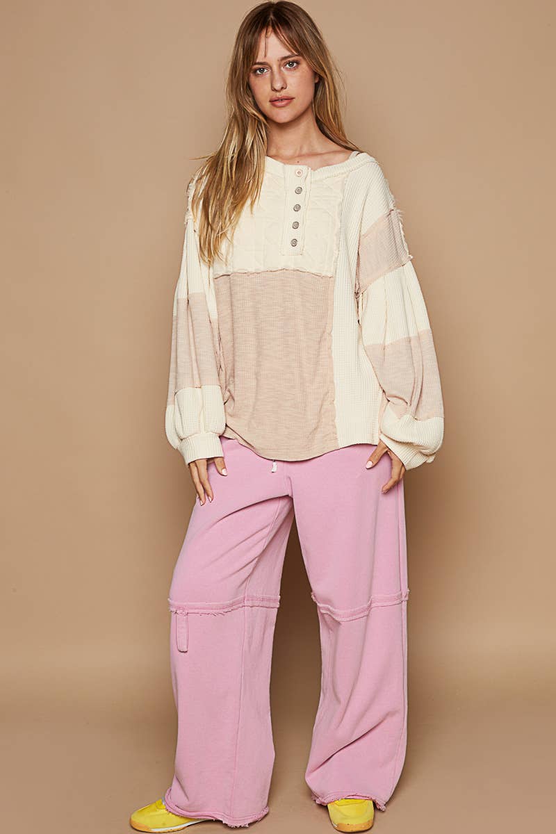 Round Neck Balloon Sleeve Thermal Contrast Knit Top