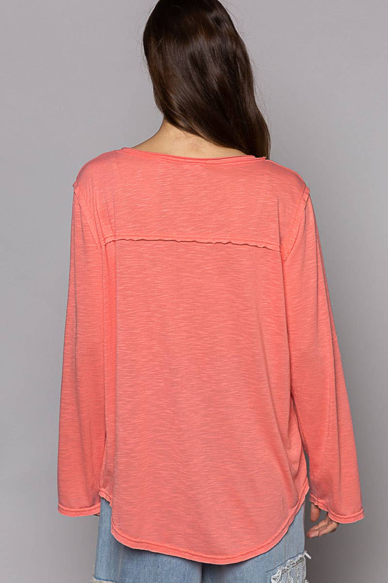 Pocket front long sleeve boat neck slub knit tee SALE