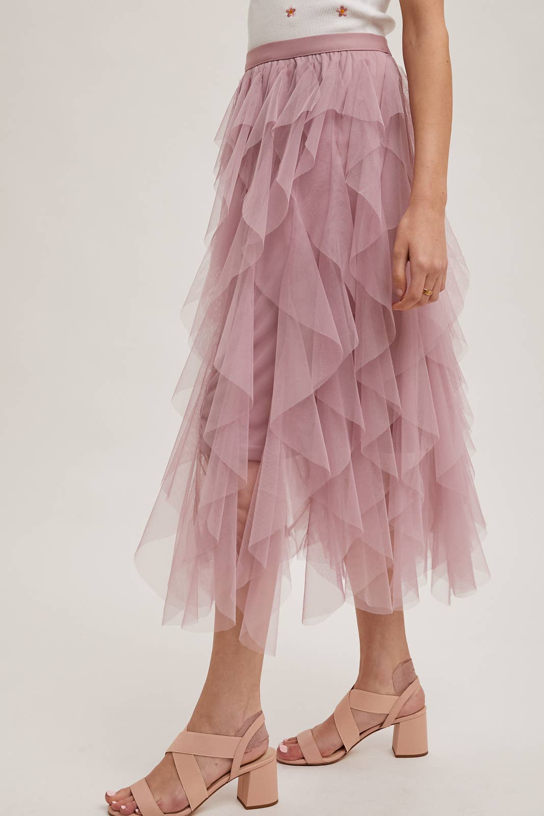 BluIvy SPIRIAL RUFFLED TULLE MIDI SKIRT