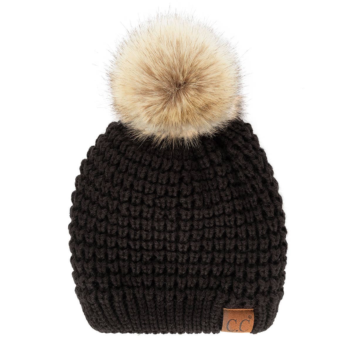 CC Cable Knit Faux Fur Pom Pom Beanie Hat
