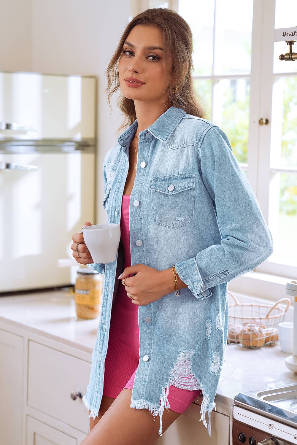 Light Wash Distressed Frayed Long Denim Jacket
