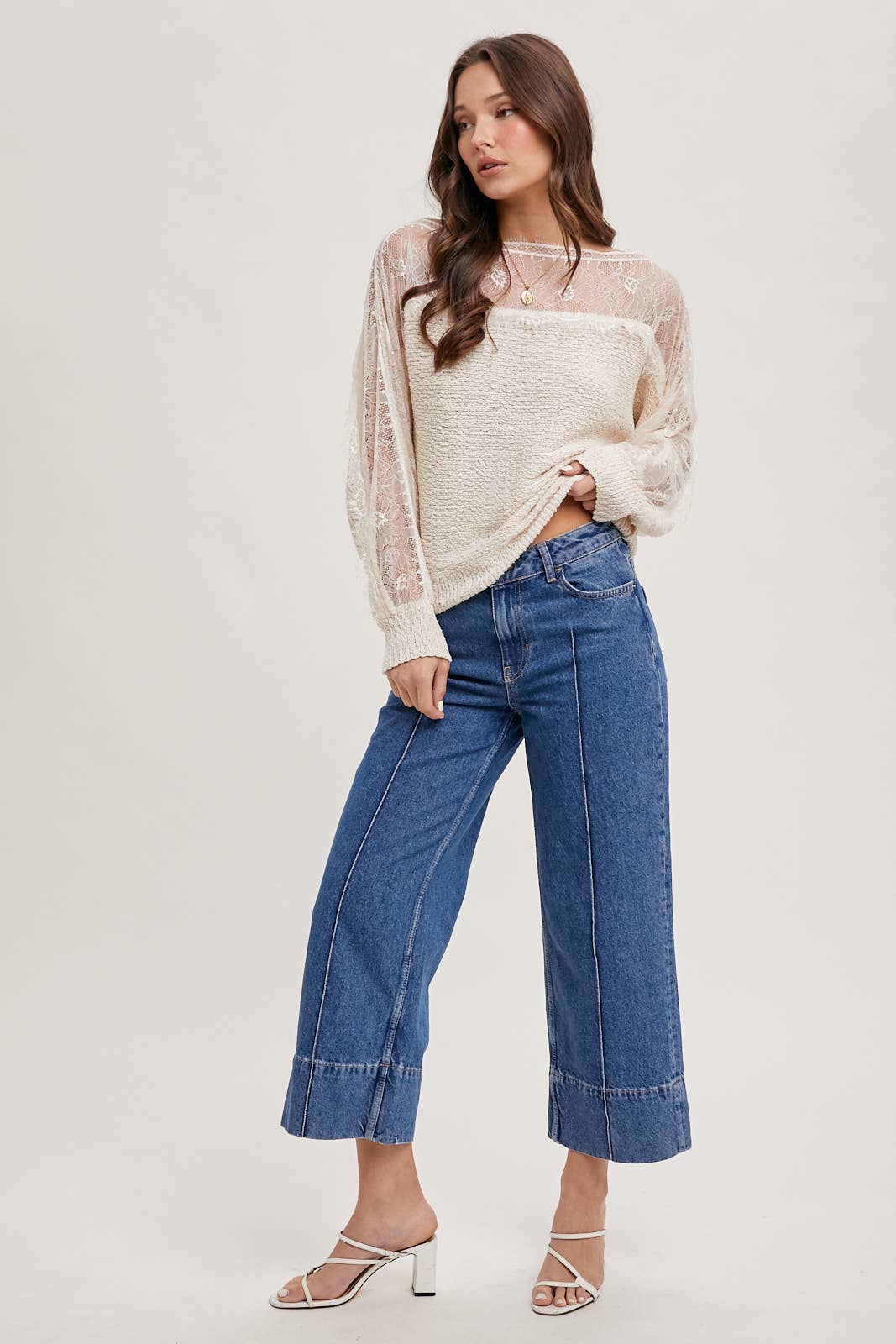 BOAT NECK LACE TRIMMED KNIT SWEATER