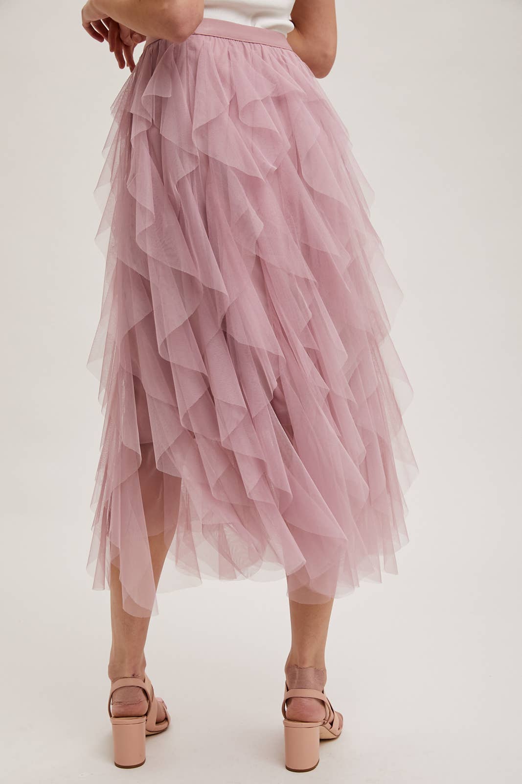 BluIvy SPIRIAL RUFFLED TULLE MIDI SKIRT