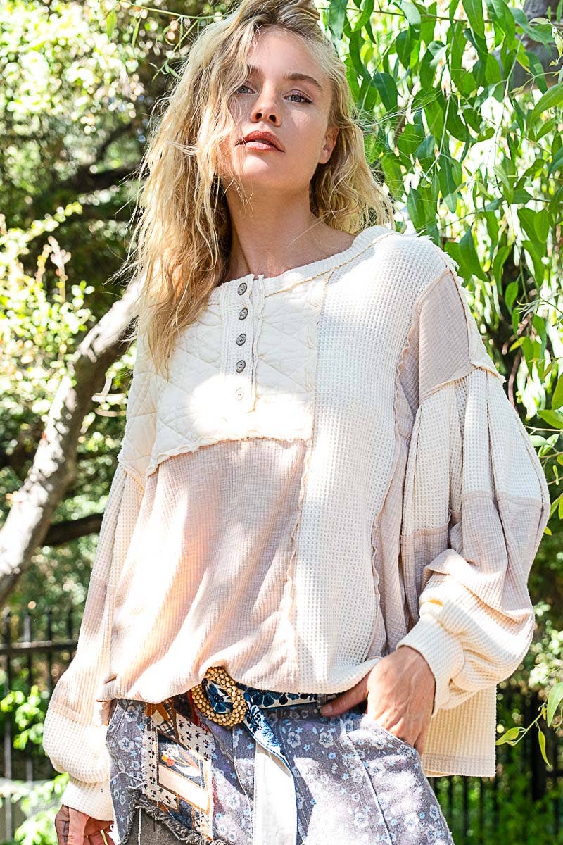 Round Neck Balloon Sleeve Thermal Contrast Knit Top