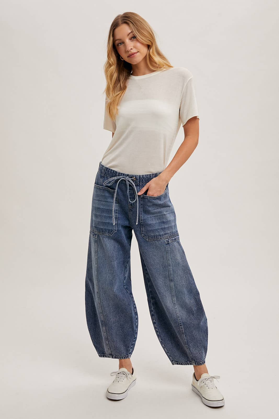 Bluivy DENIM MID-WAIST DRAWSTRINGS BARREL JEANS