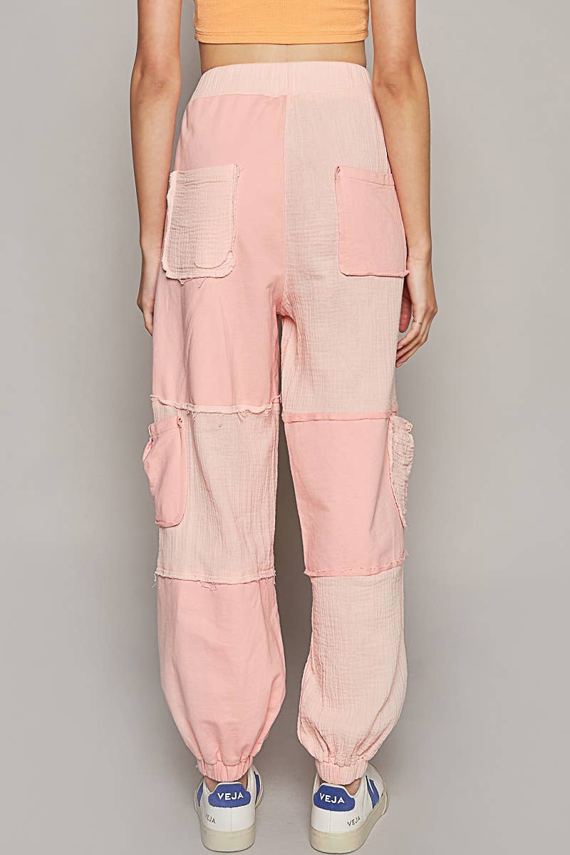 Contrast gauze open cargo pockets elastic waist joggers