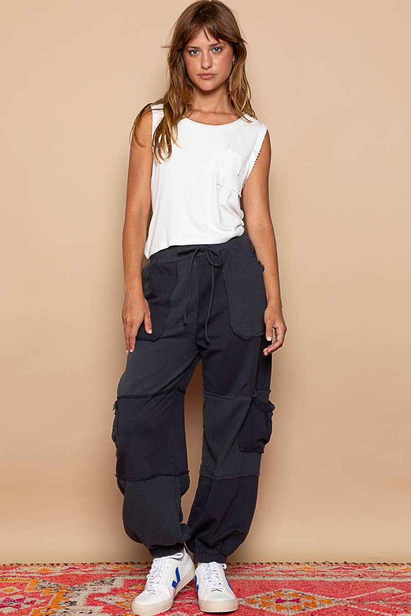Contrast gauze open cargo pockets elastic waist joggers