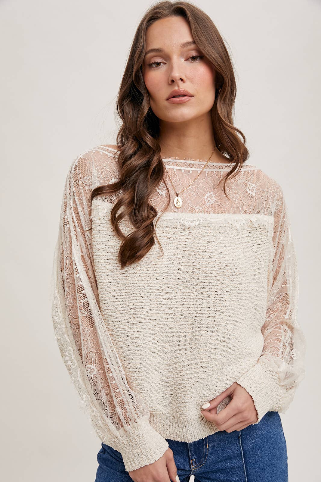 BOAT NECK LACE TRIMMED KNIT SWEATER