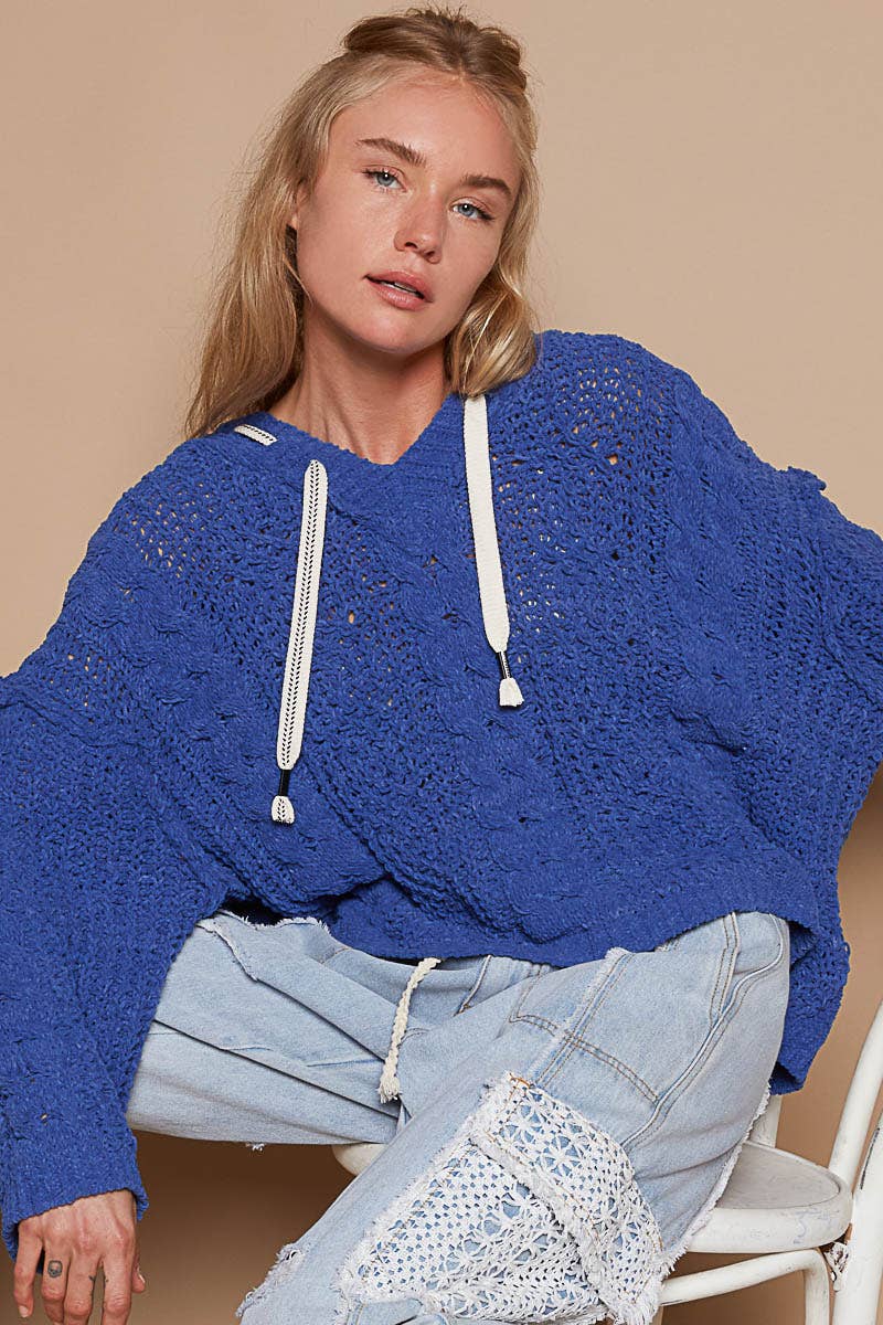 Oversize fit v-neck hooded cable knit chenille sweater