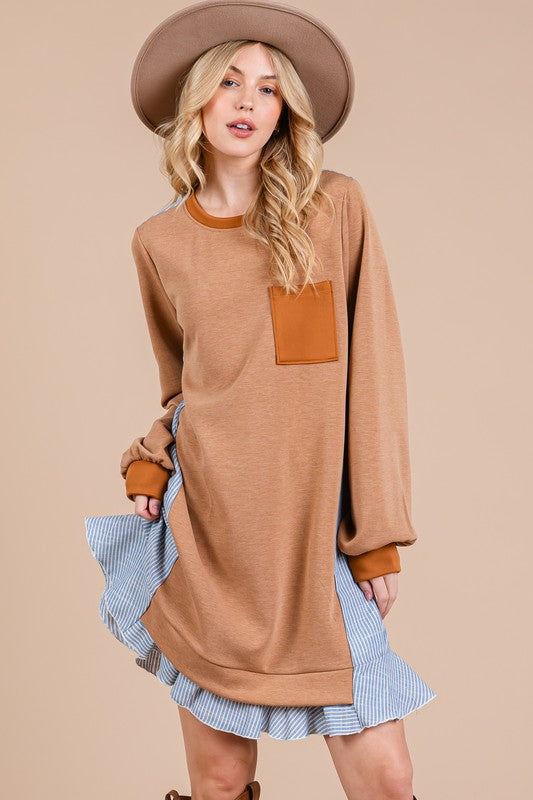 Ces Femme Striped Patchwork Round Neck Terry Sweatshirt Dress