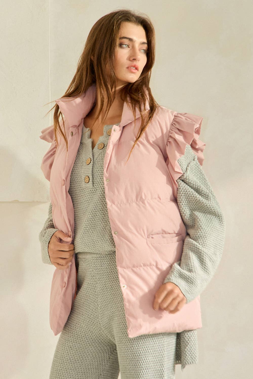 Ruffle Sleeve Down Vest