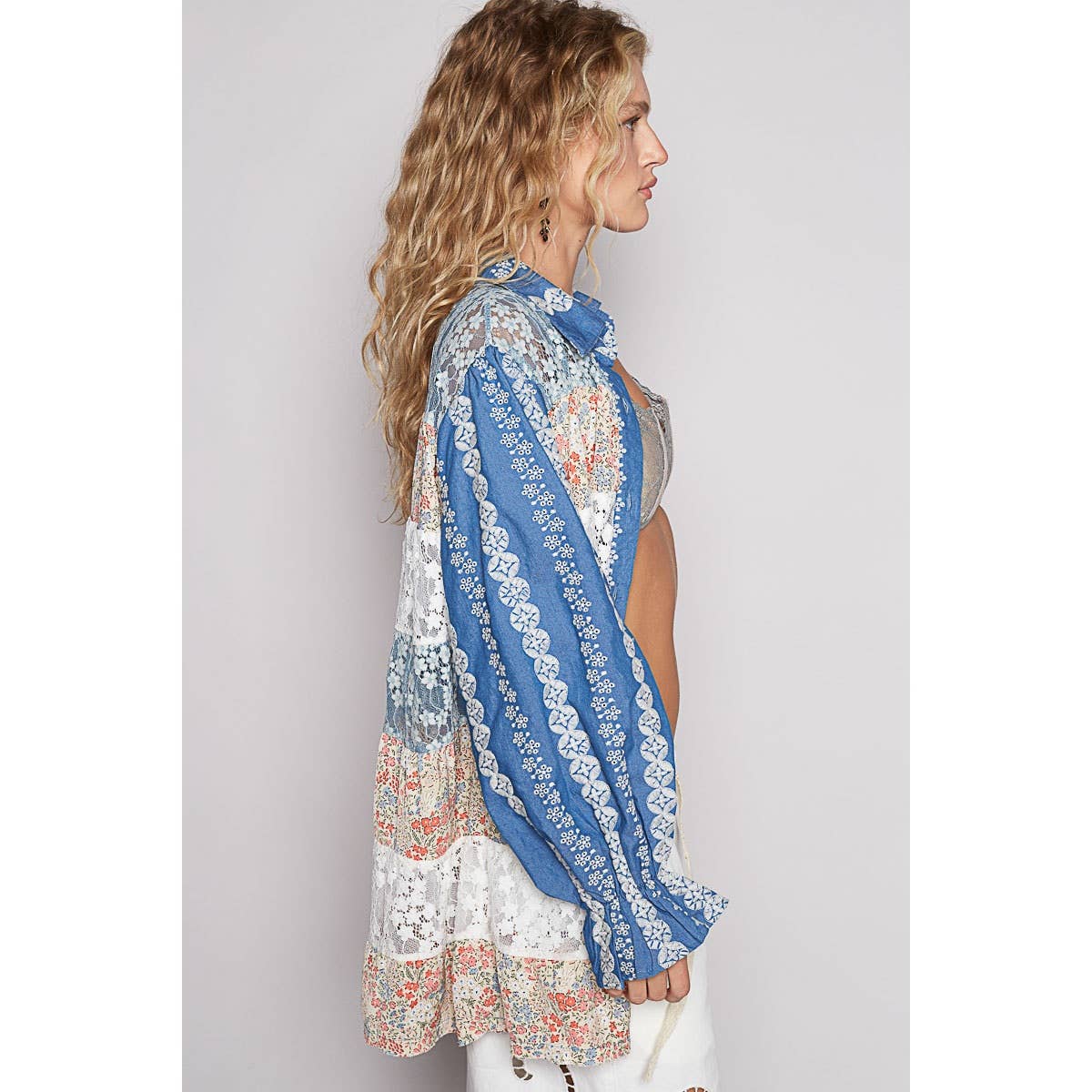 POL Balloon sleeve floral print lace patch shirt dress