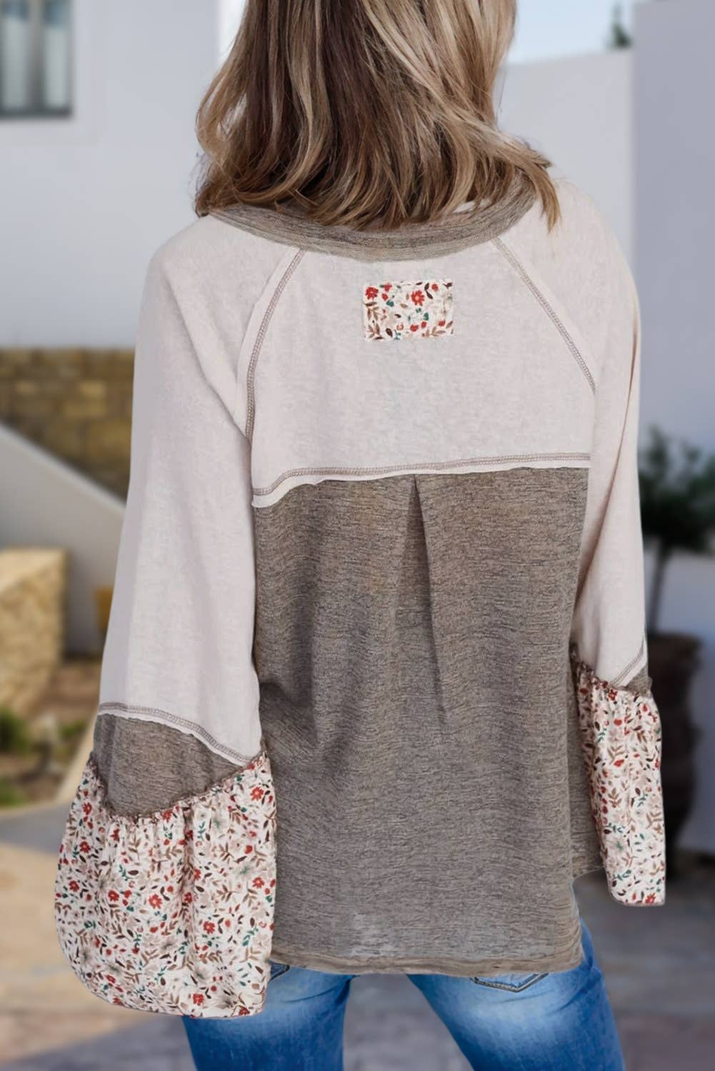 Colorblock Floral Buttons Long Sleeve Top