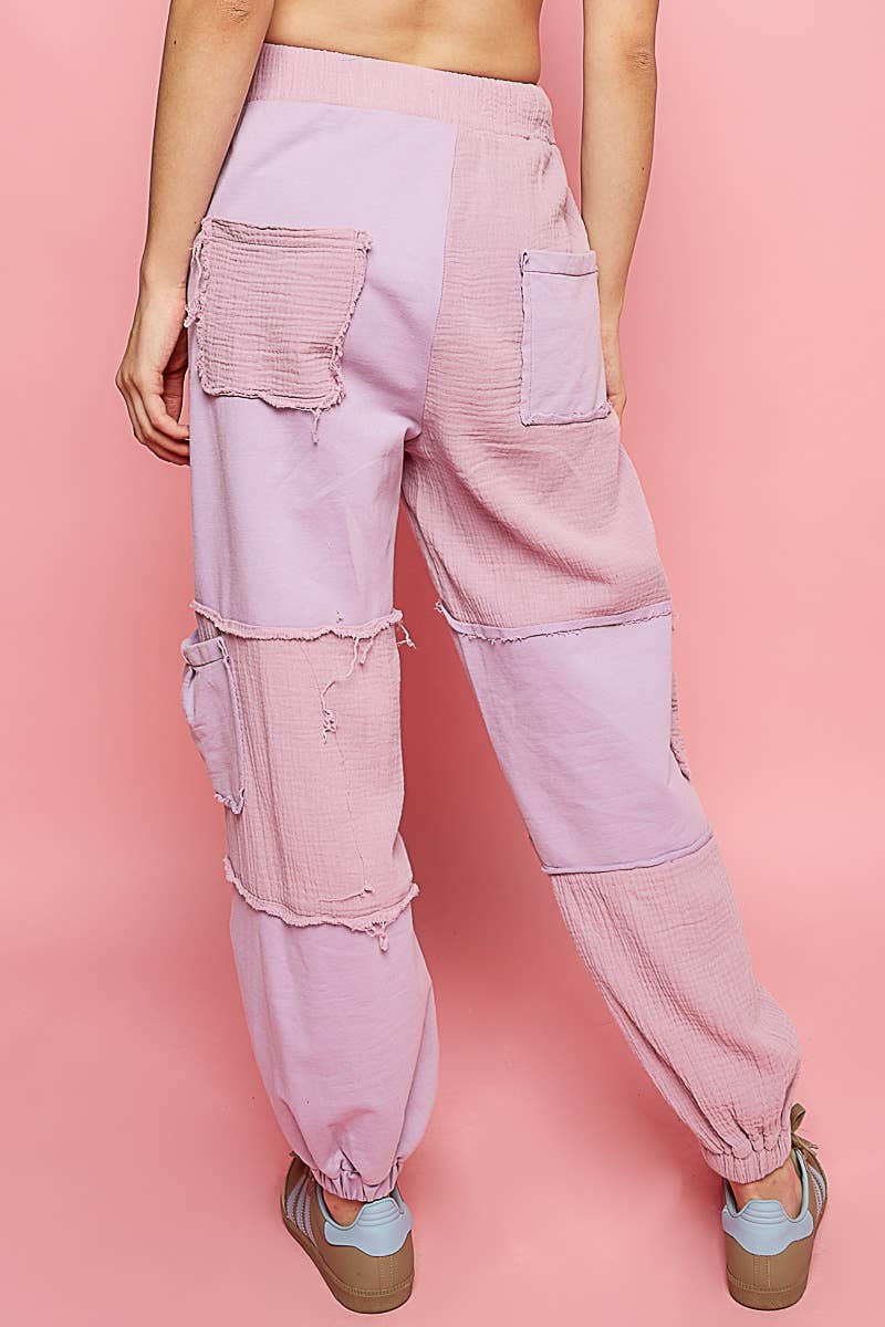 Contrast gauze open cargo pockets elastic waist joggers