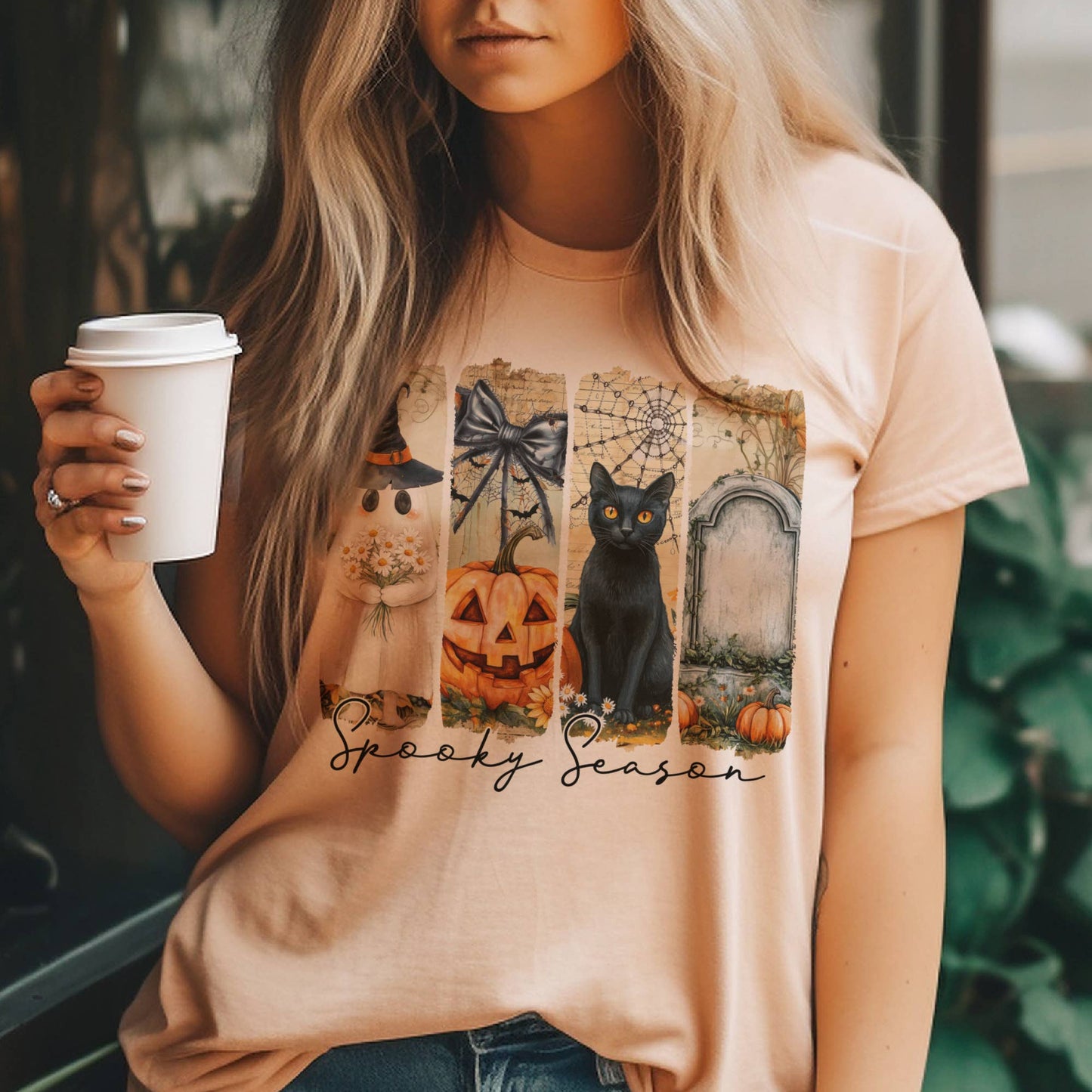 Halloween Spooky Season Black Cat Pumpkin Panel Graphic Tee