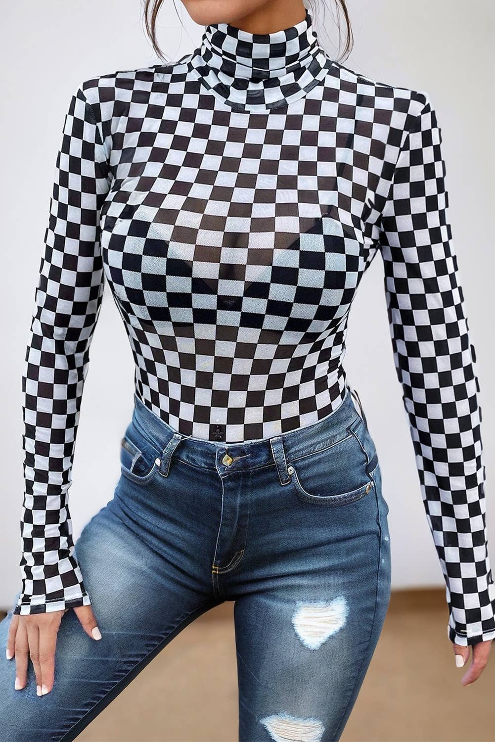 Checkered Printed High Neck Bodysuit