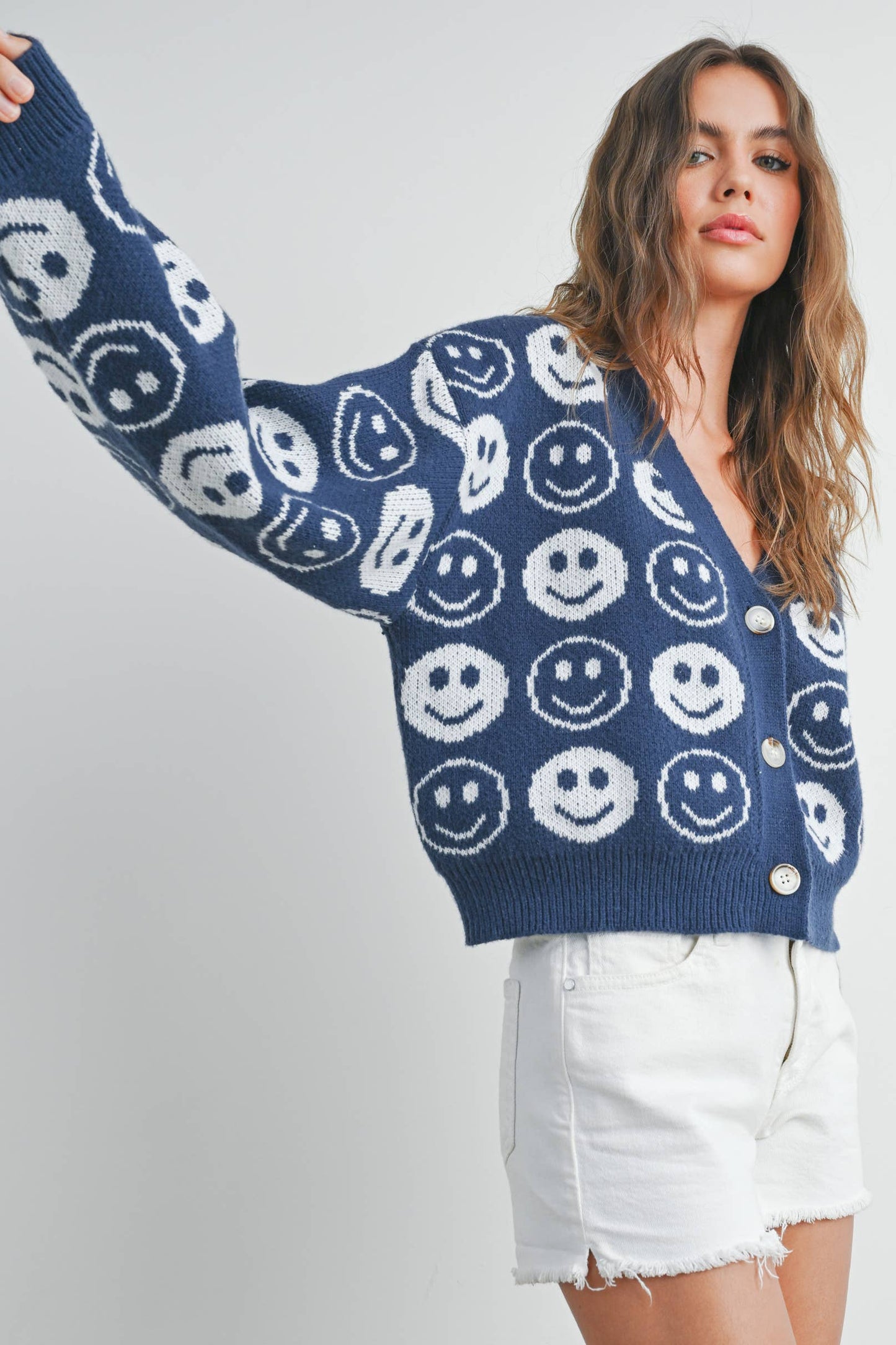 BMW7418 - SMILEY FACE RIBBED TRIM V-NECK CARDIGAN Blue