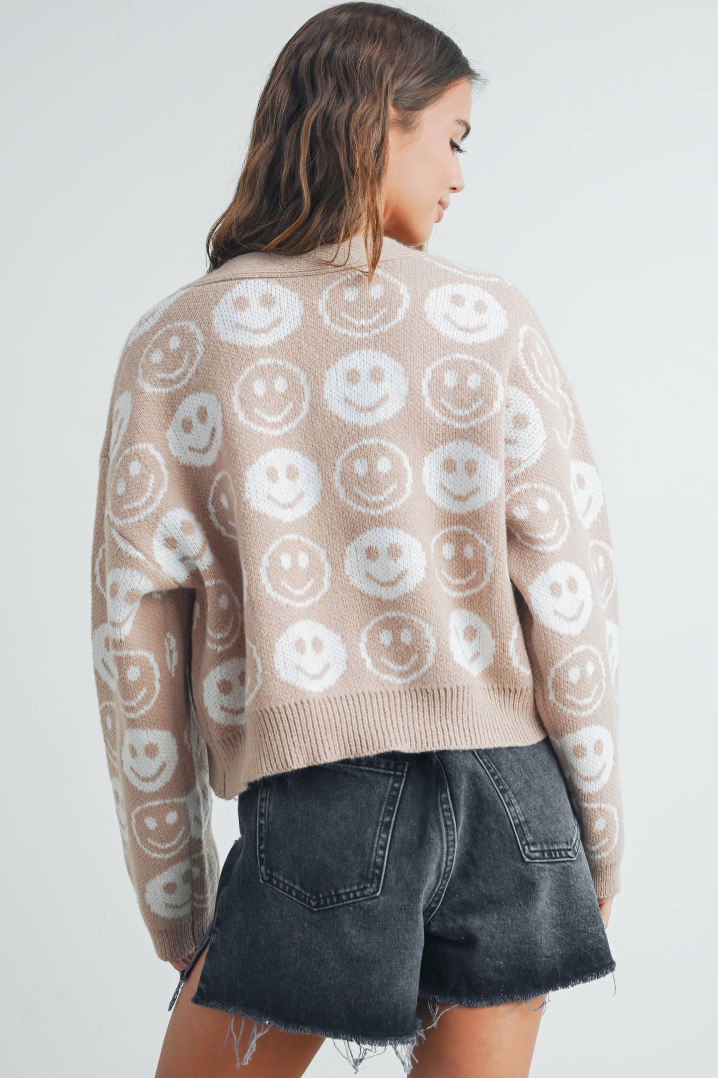 BMW7418 - SMILEY FACE RIBBED TRIM V-NECK CARDIGAN Blue