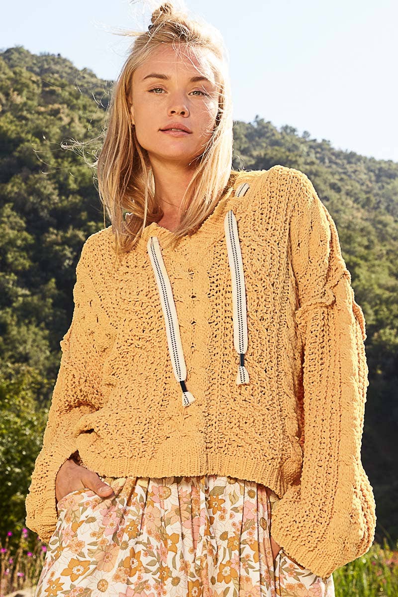 Oversize fit v-neck hooded cable knit chenille sweater