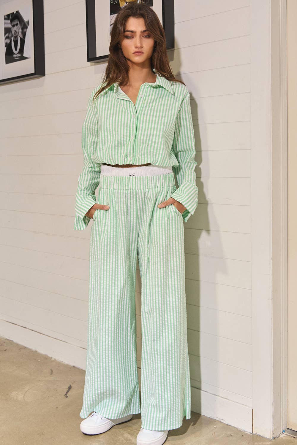 Striped Seersucker Double Banded Exposed Boxer Pants