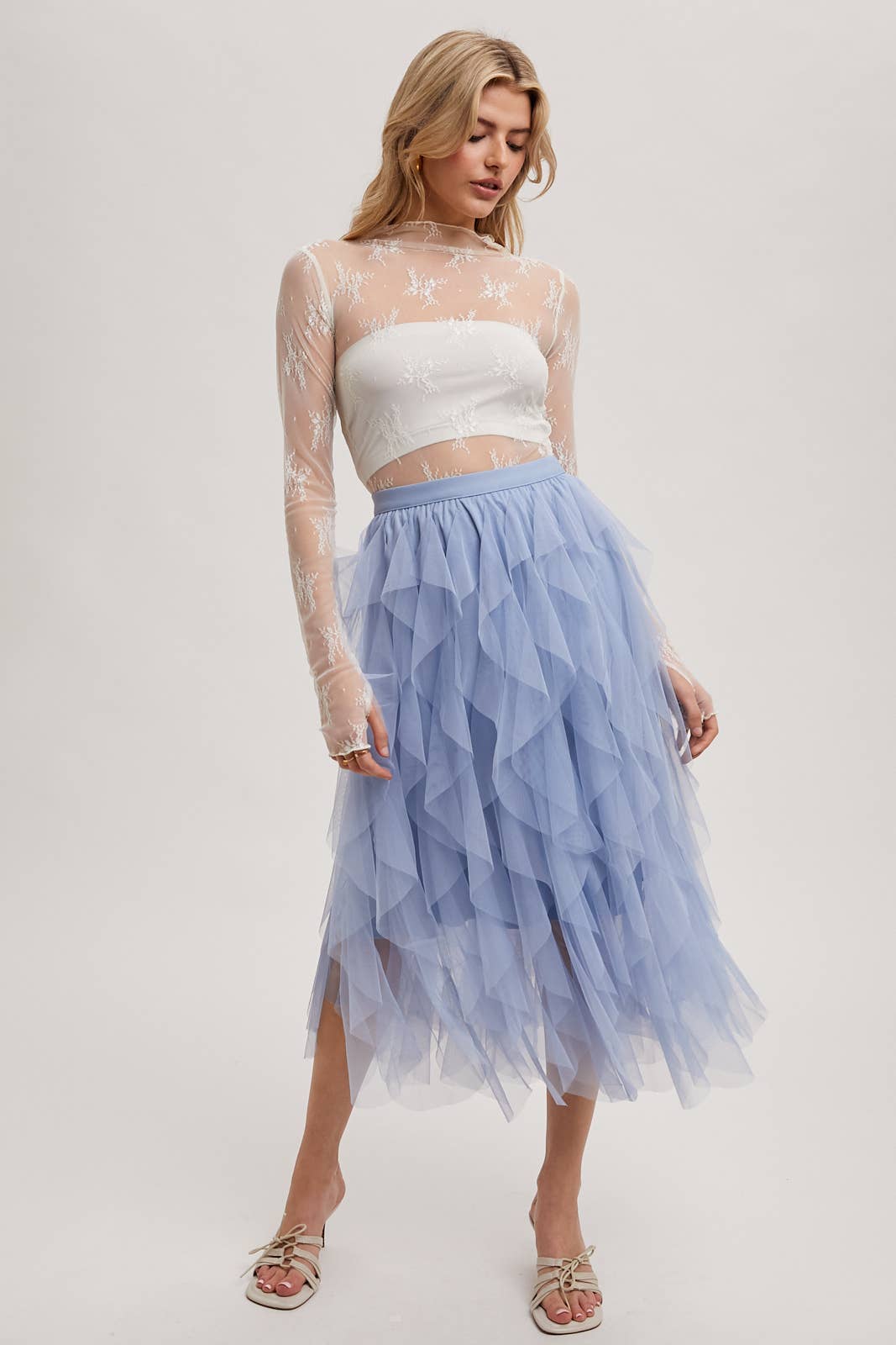 BluIvy SPIRIAL RUFFLED TULLE MIDI SKIRT