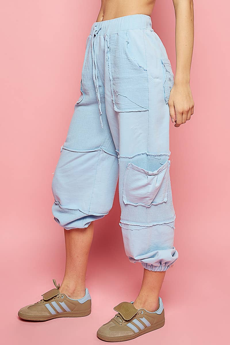 Contrast gauze open cargo pockets elastic waist joggers