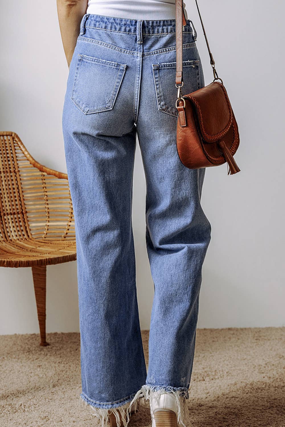 Blue Distressed Hem Straight Leg Denim Jeans