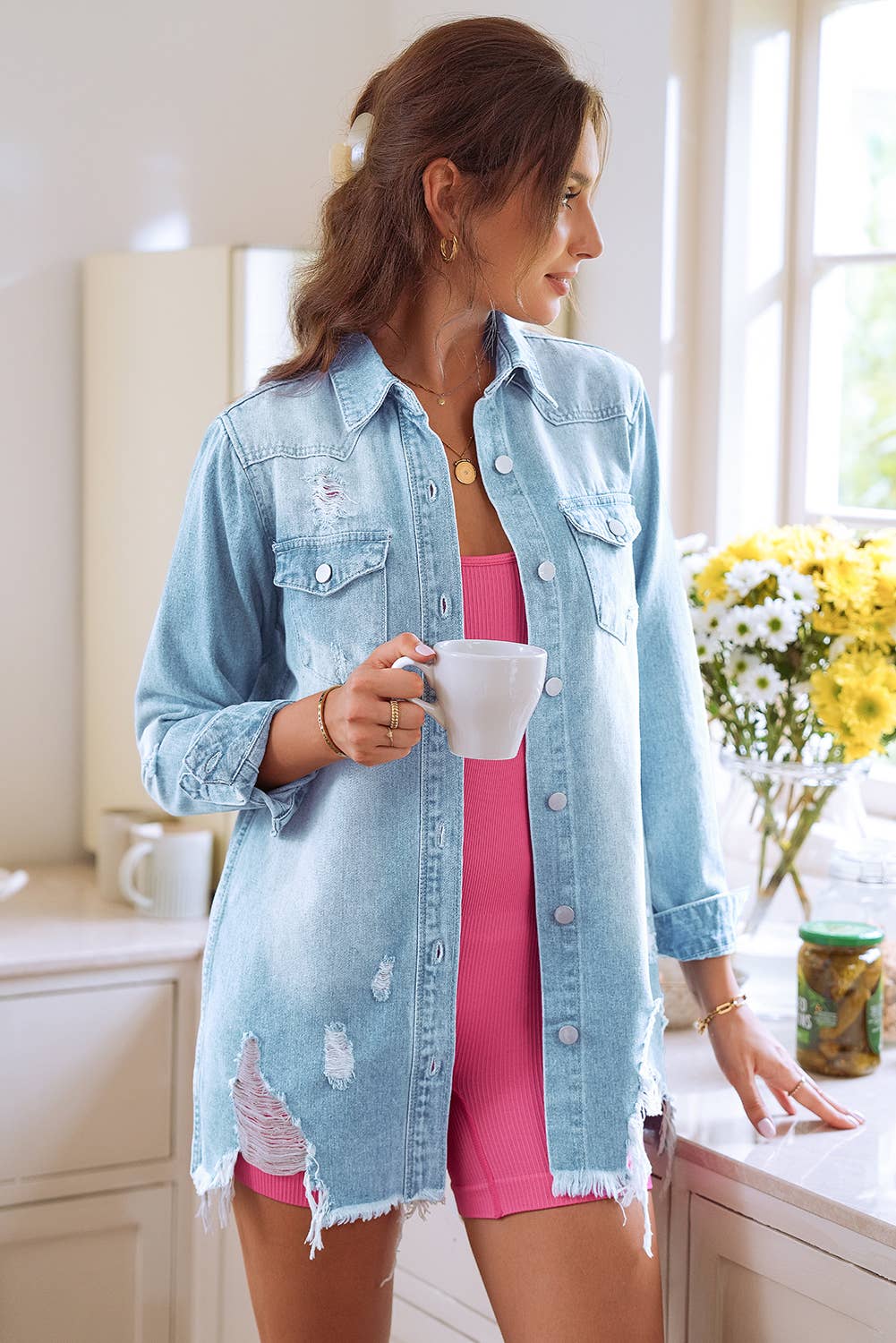 Light Wash Distressed Frayed Long Denim Jacket