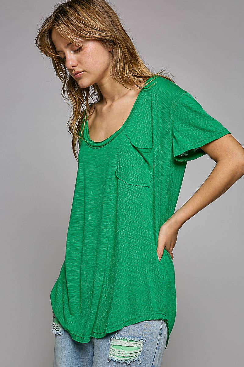 POL Scoop Neck Rayon Slub Tee with Pocket Front and Short Sleeve