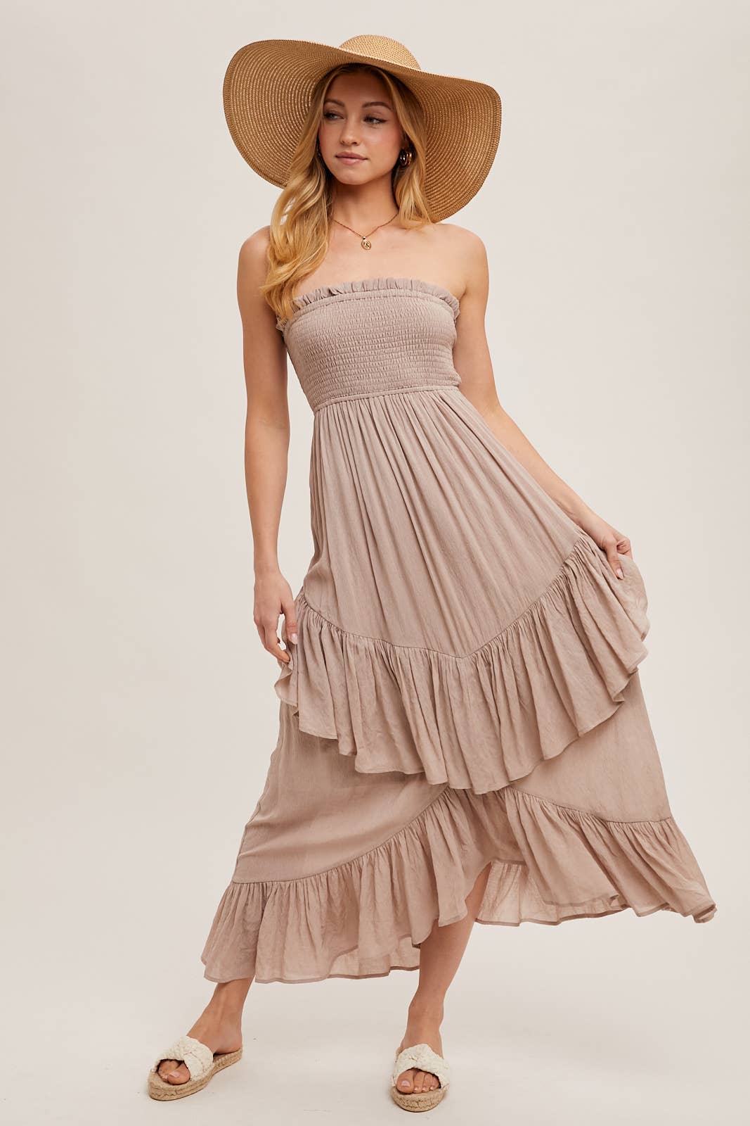 BOHO SMOCKED STRAPLESS TIERED RUFFLE MIDI DRESS